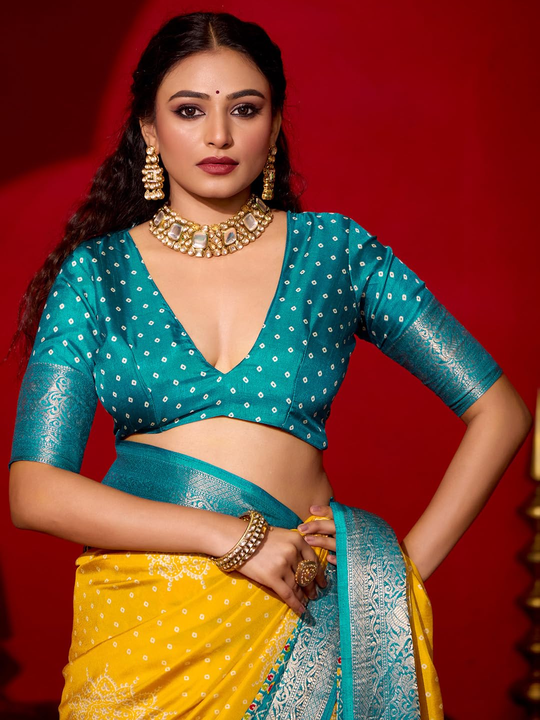 Yellow Silk Blend Polka Dots Saree