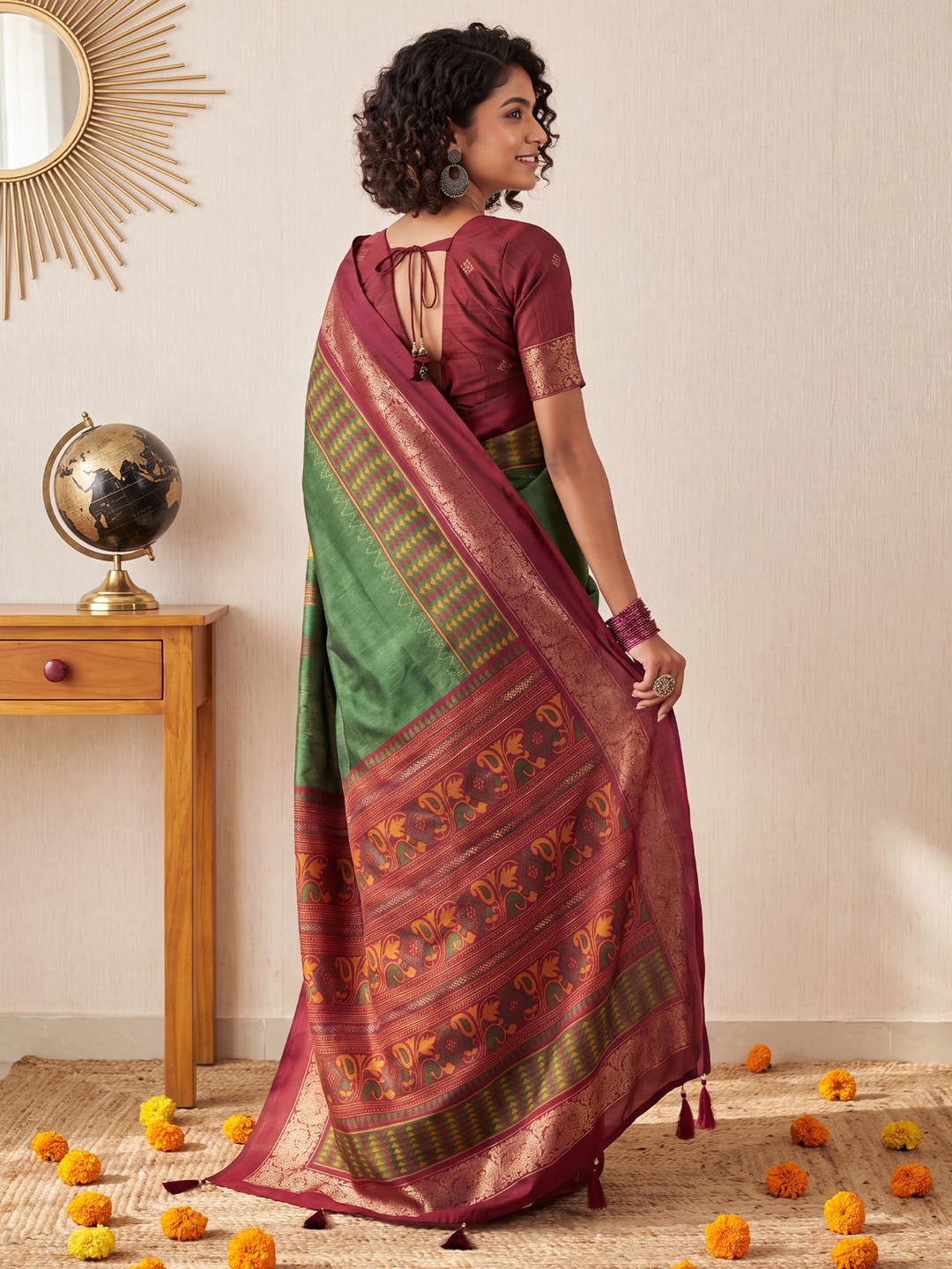Green Tussar Silk Striped Saree