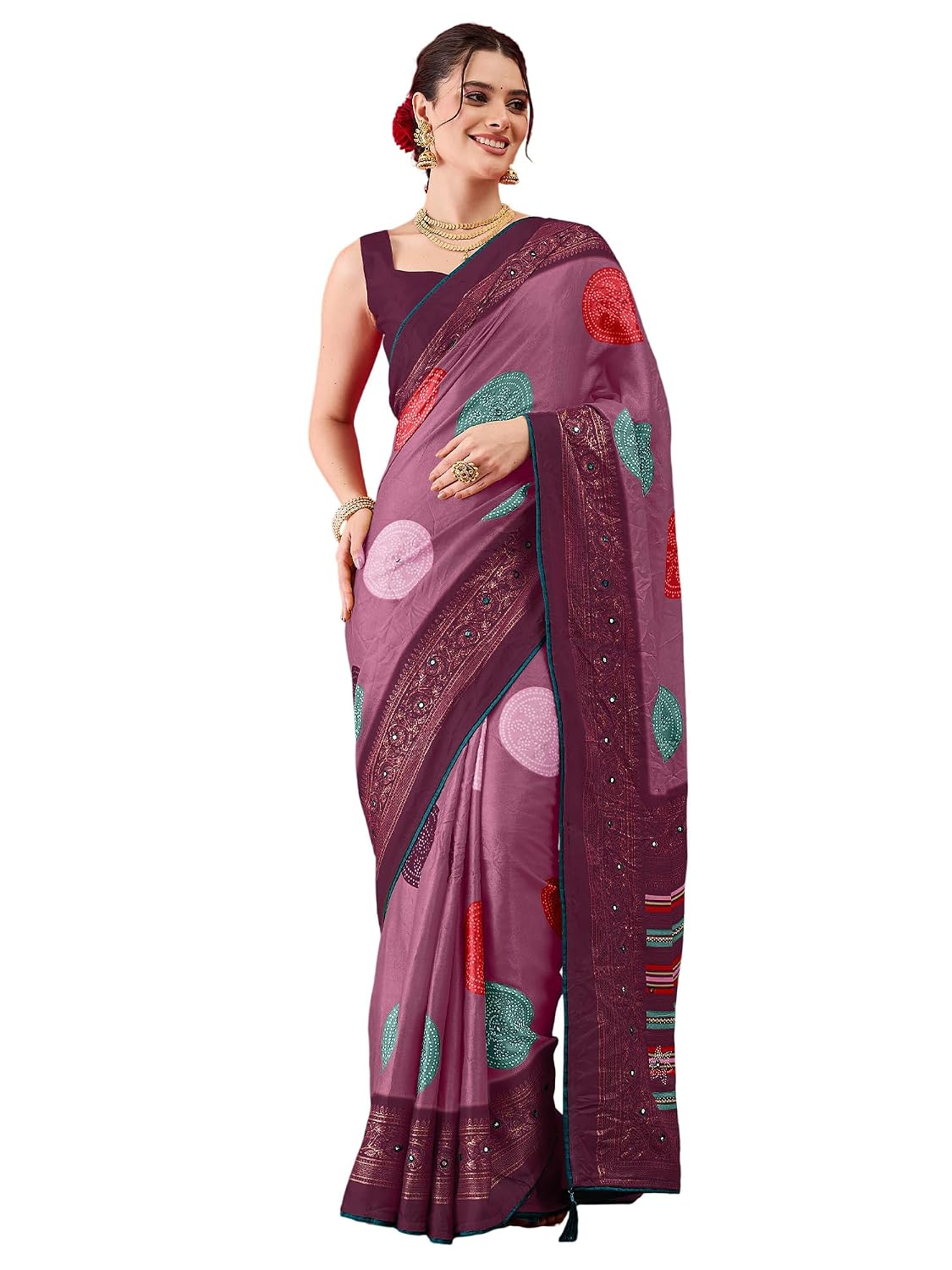 Yellow Georgette Polka Dots Saree - Mauve