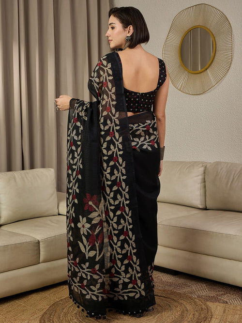 Black Cotton Floral Saree