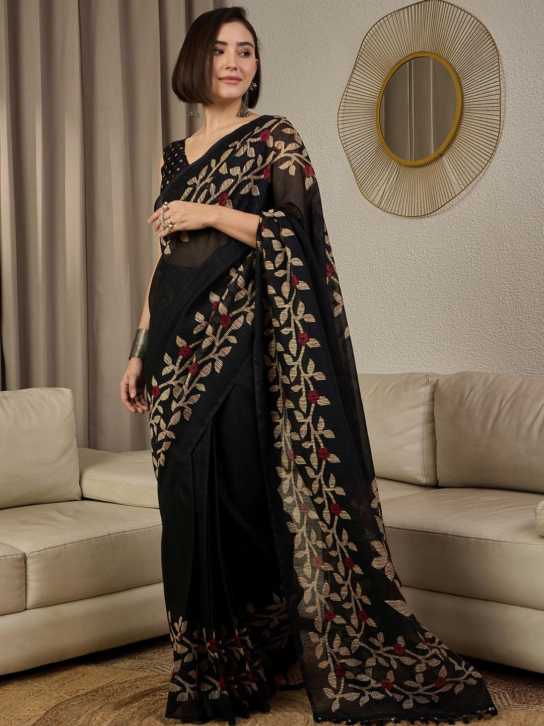 Black Cotton Floral Saree