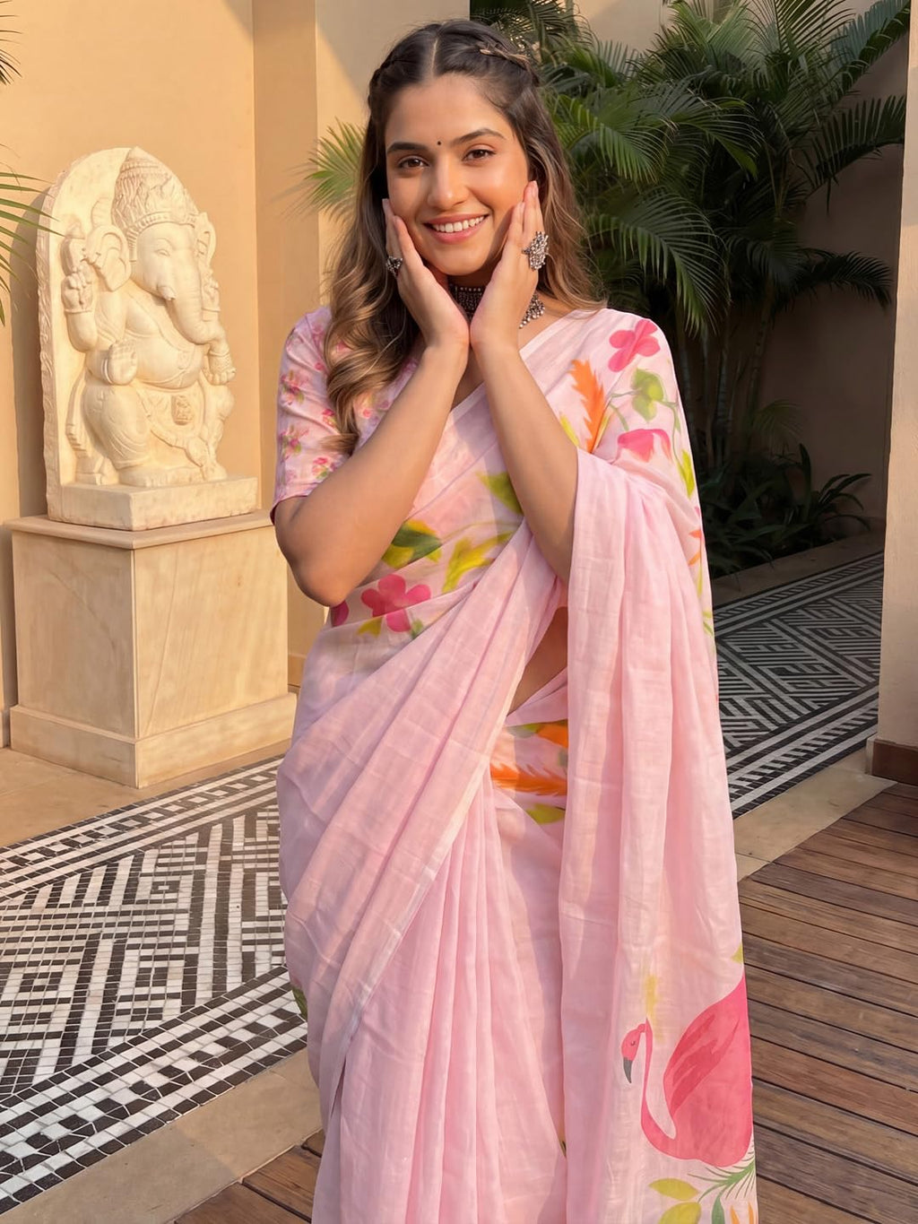 Pink Linen Striped Saree