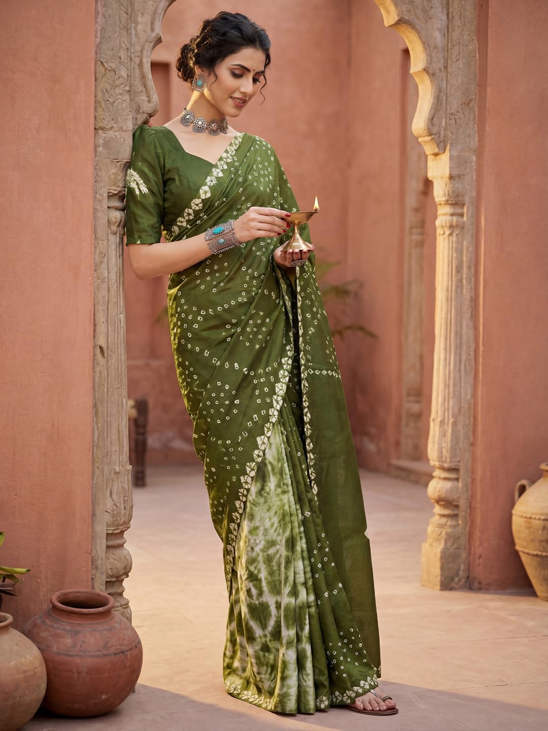 Green Crepe Polka Dots Saree