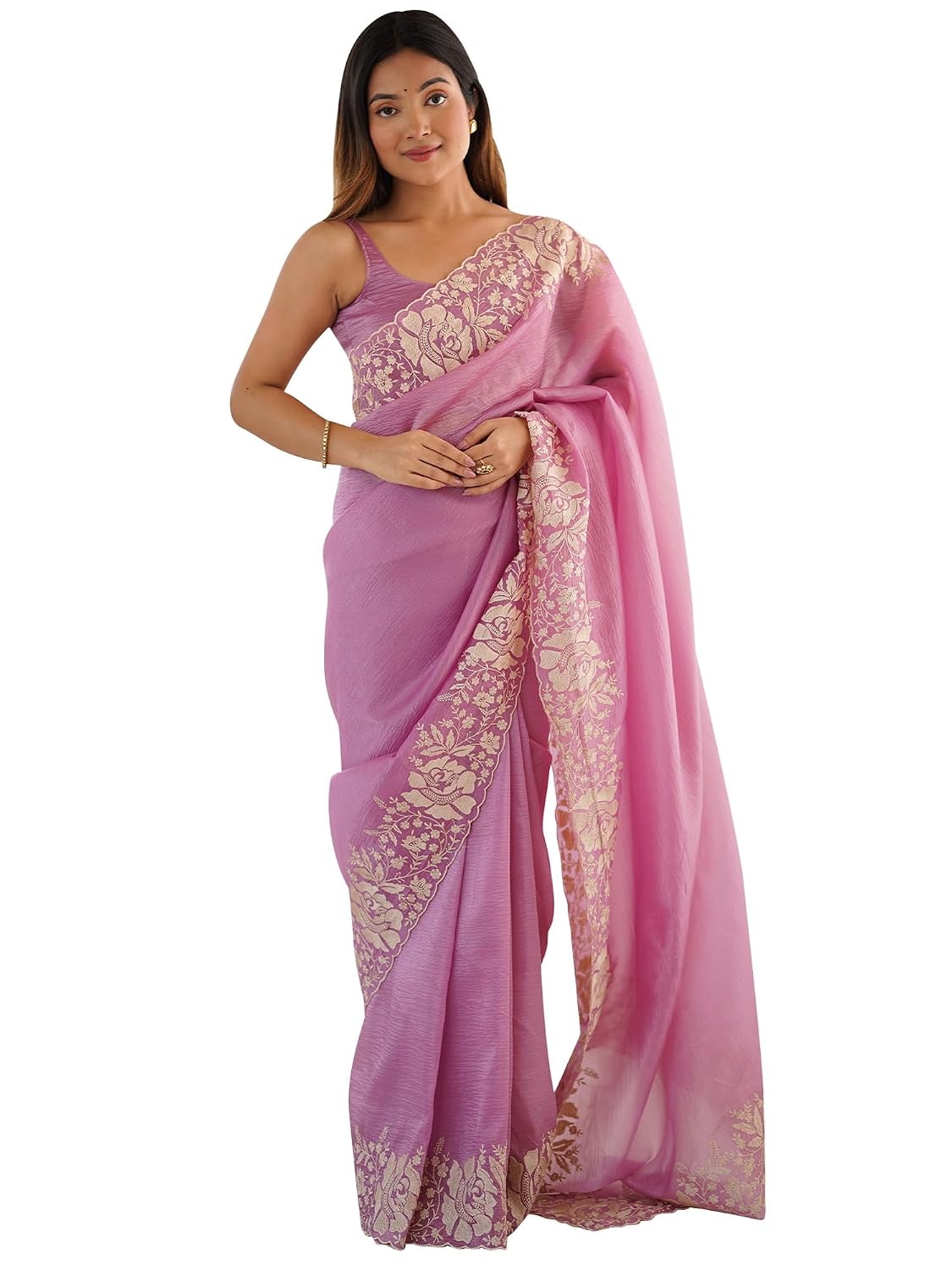 Mustard Tissue Floral Saree - Purple