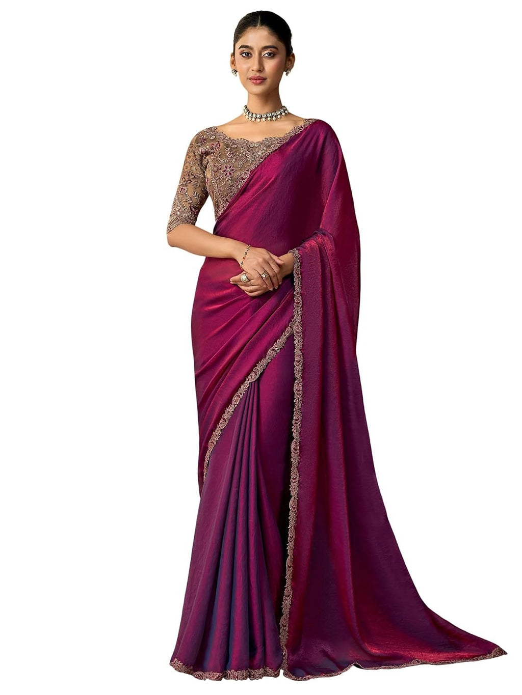 Red Chiffon Ombre Saree - Purple