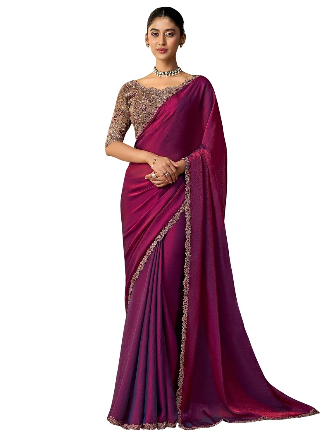 Red Chiffon Ombre Saree - Purple