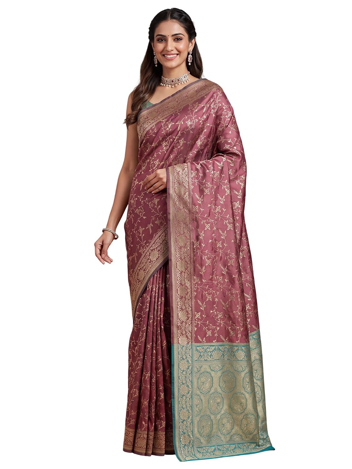 Red 2 Silk Blend Floral Saree - Brown