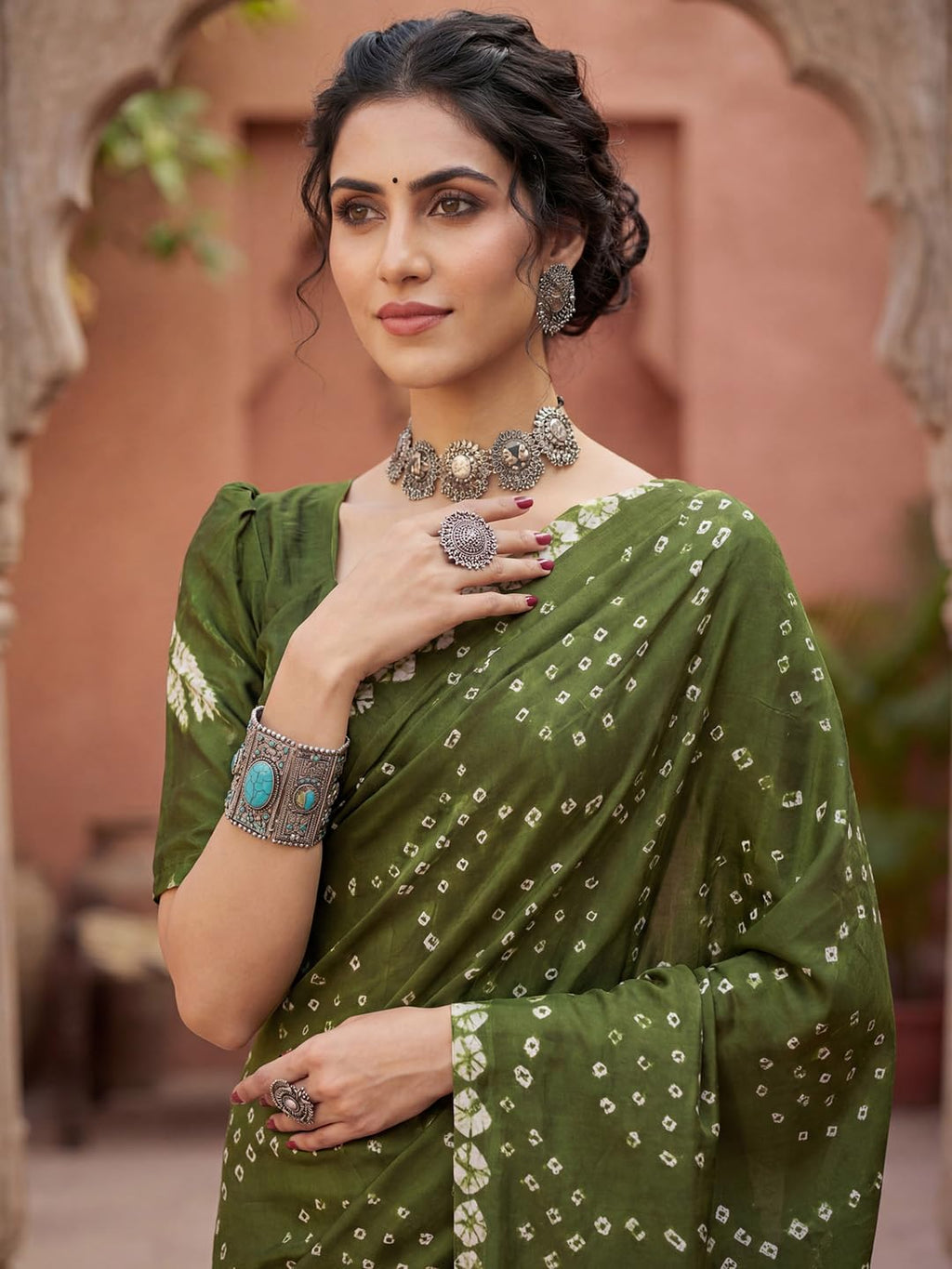 Green Crepe Polka Dots Saree