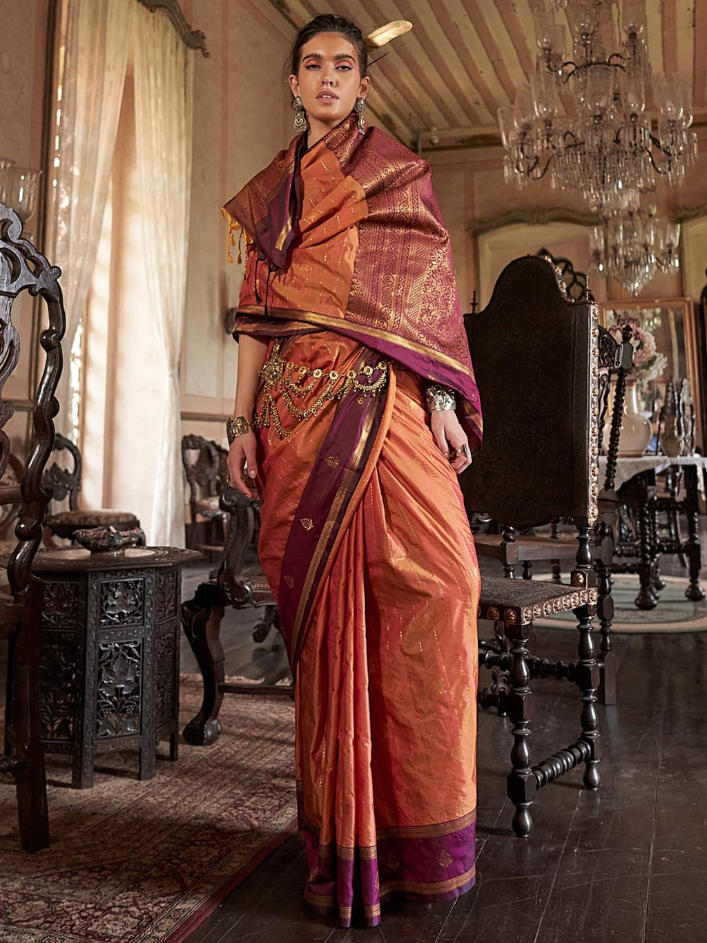 Orange Silk Paisley Saree