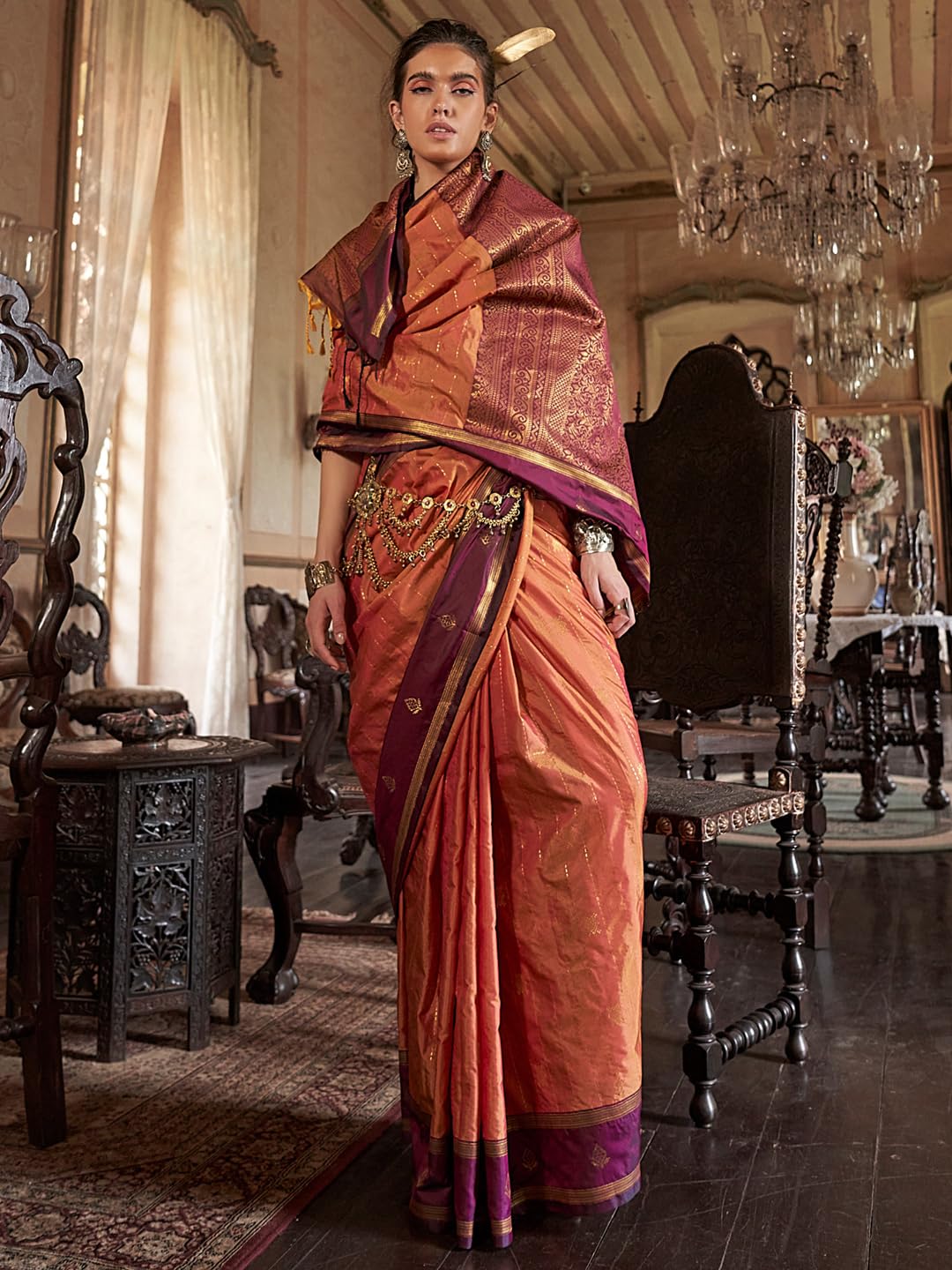Orange Silk Paisley Saree