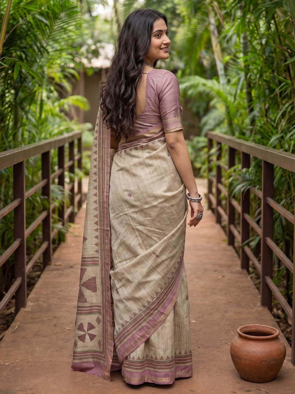 Beige Silk Checkered Saree