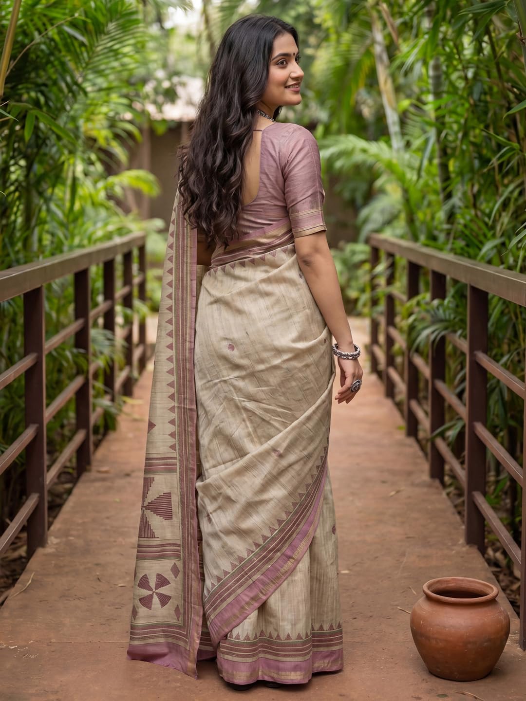 Beige Silk Checkered Saree