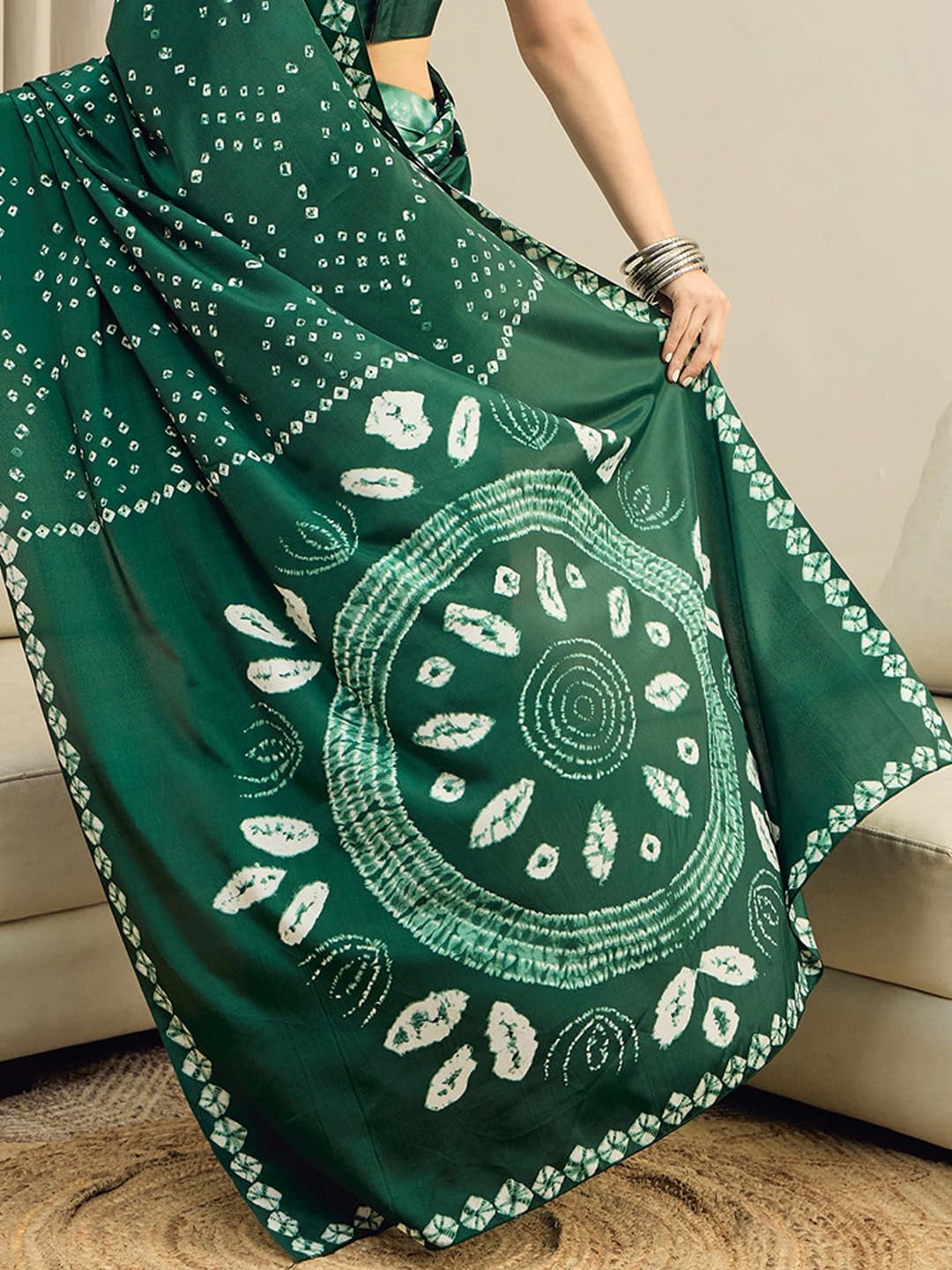Green Crepe Polka Dots Saree