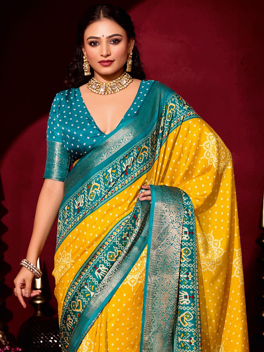 Yellow Silk Blend Polka Dots Saree