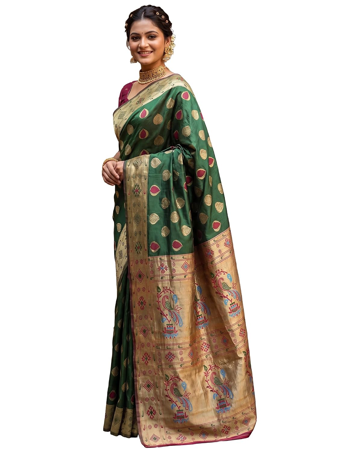 Maroon Banarasi Silk Ethnic Motif Saree - Green