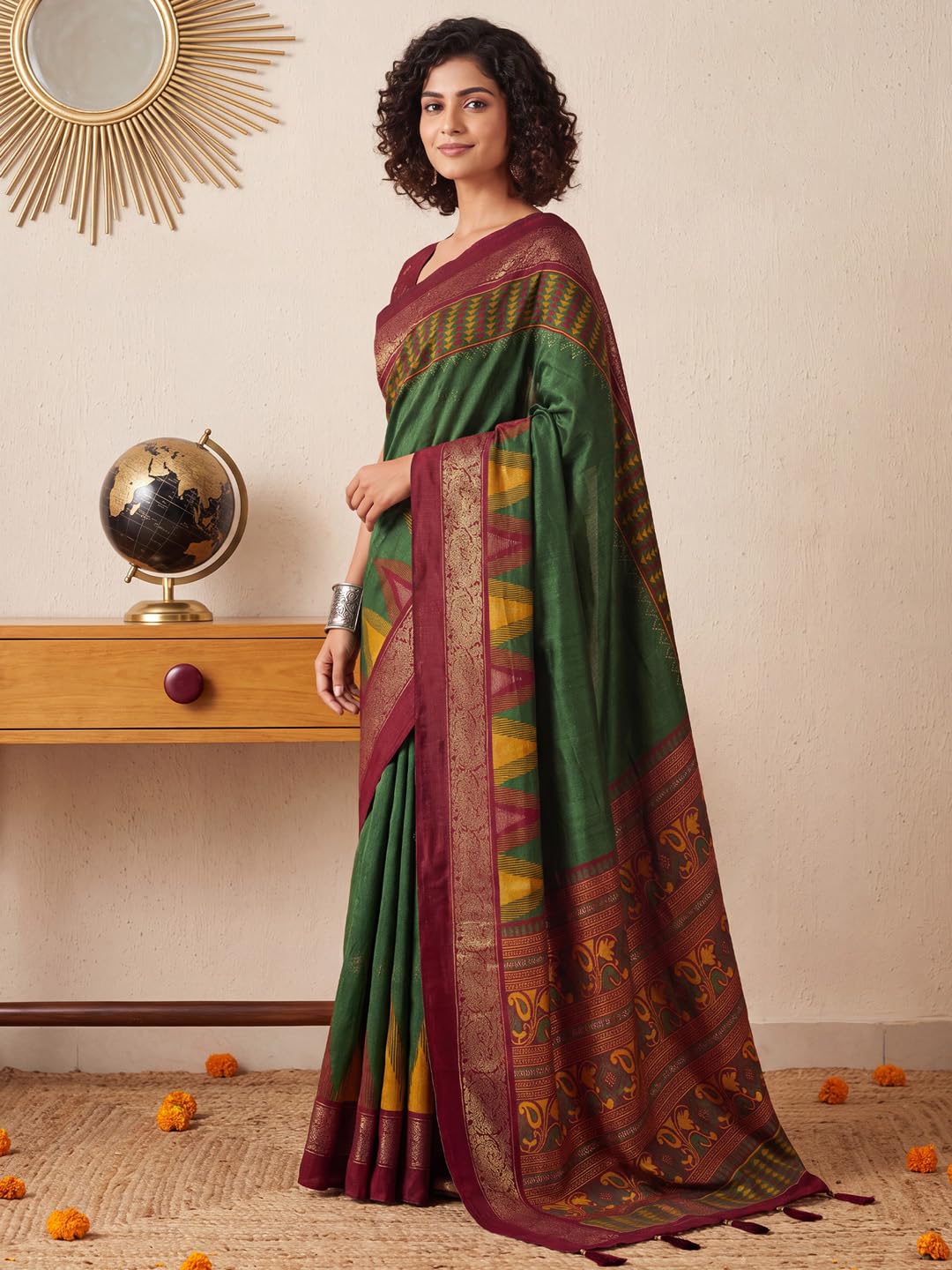 Green Tussar Silk Striped Saree