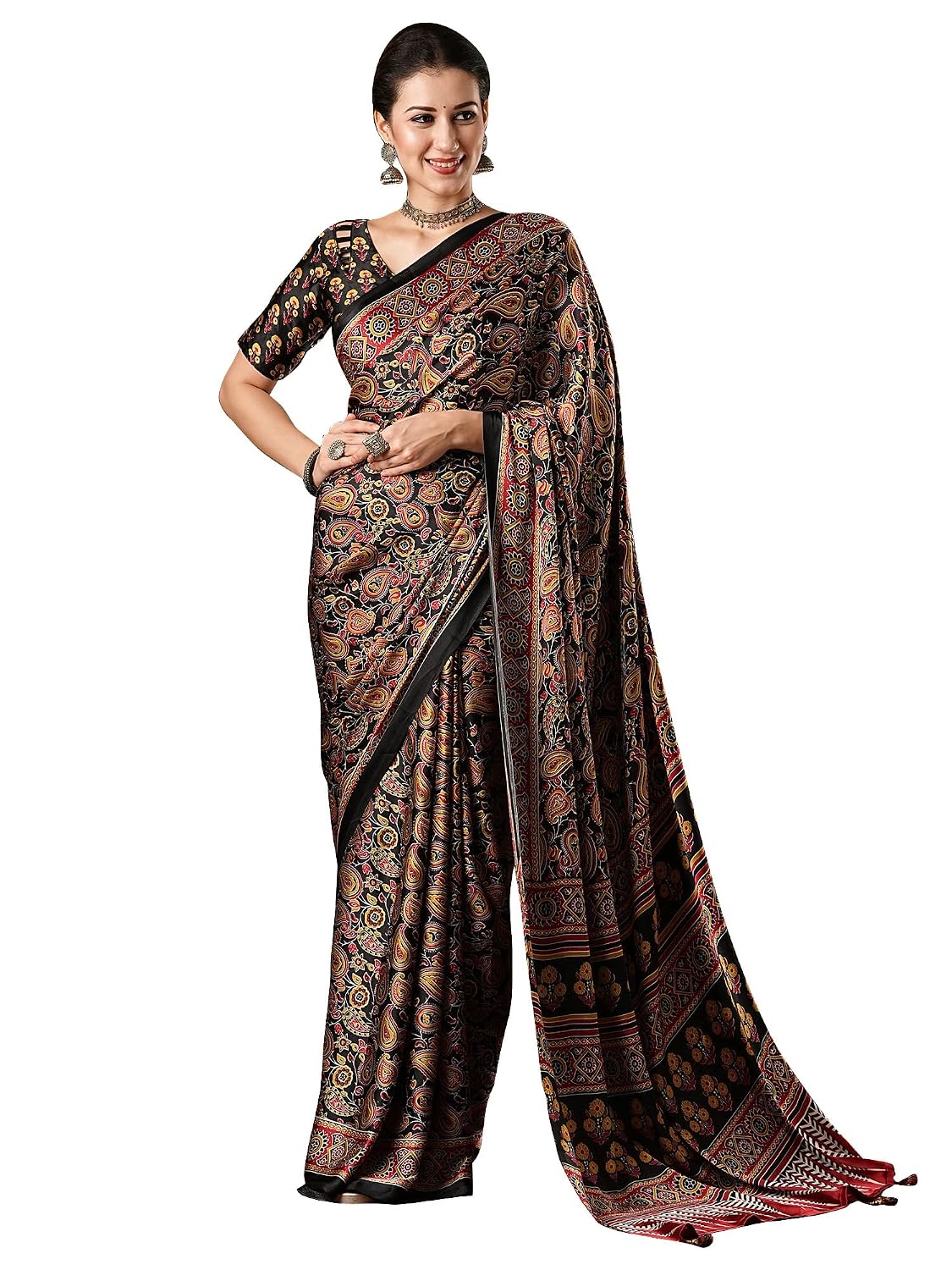 Red Cotton Blend Animal Print Saree - Black 3
