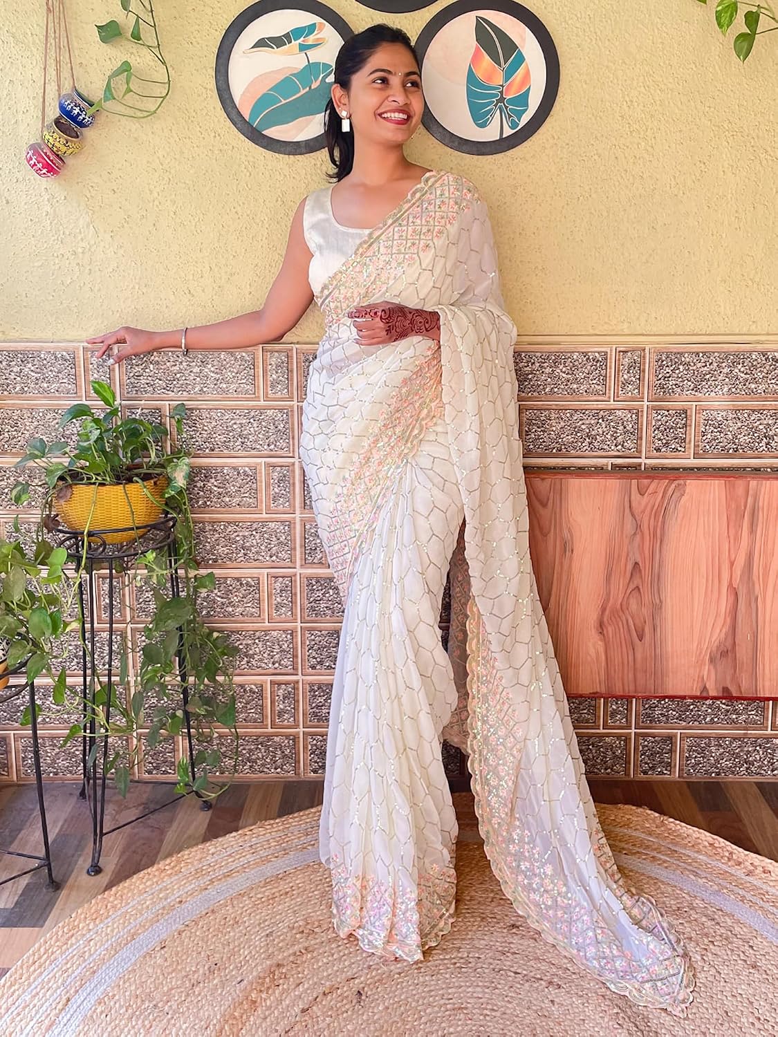 Off White Georgette Embellished Saree
