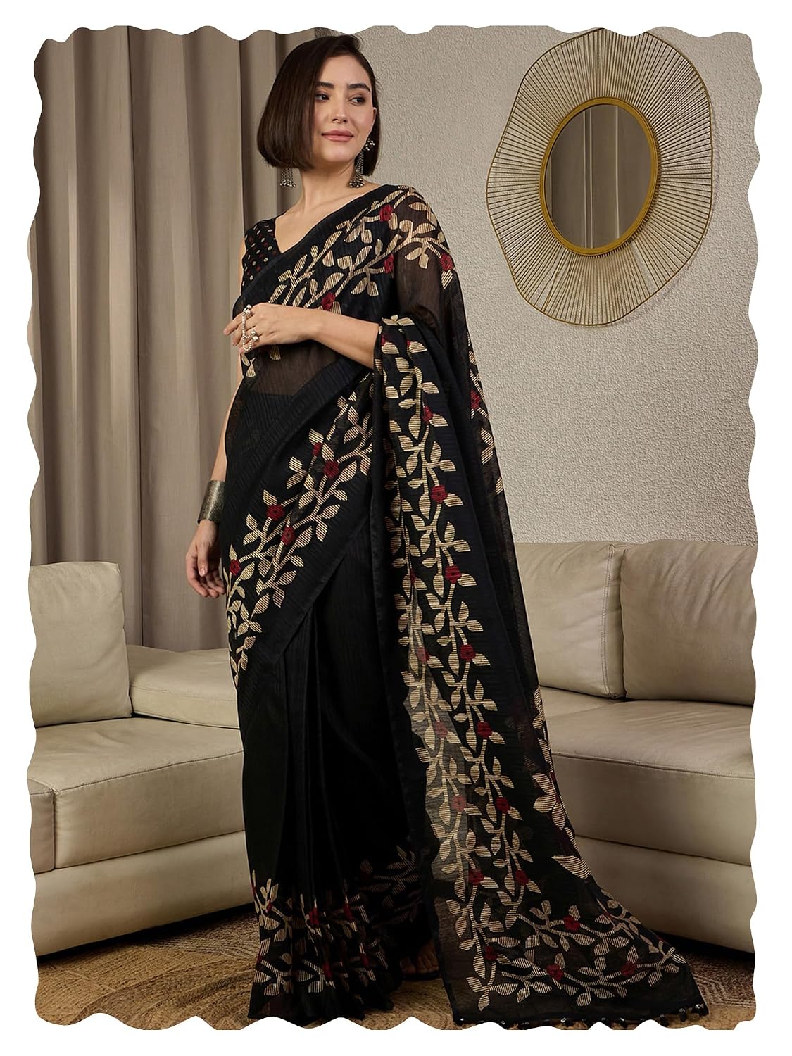 Black Cotton Floral Saree