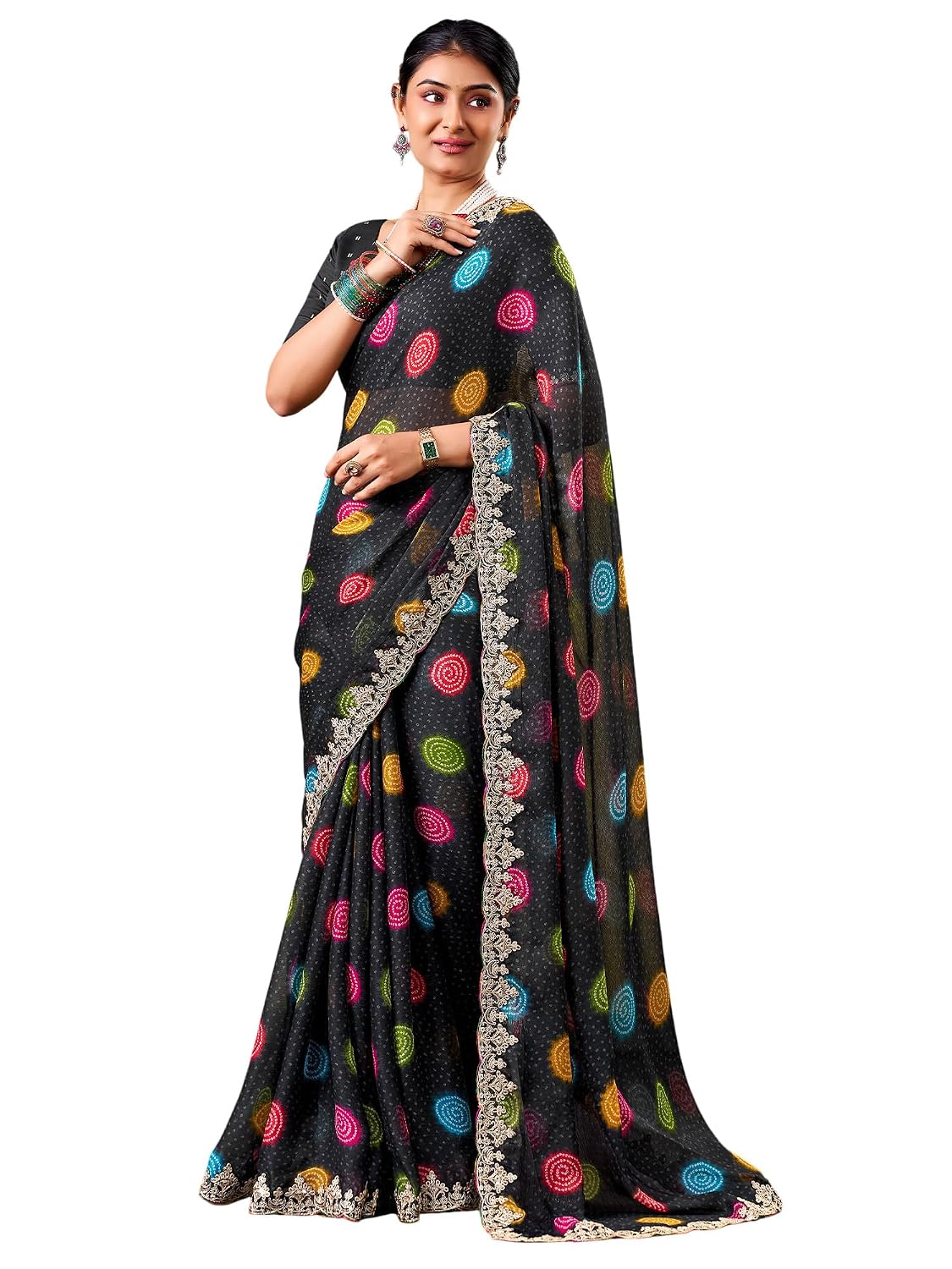Cream Chiffon Striped Saree - Black