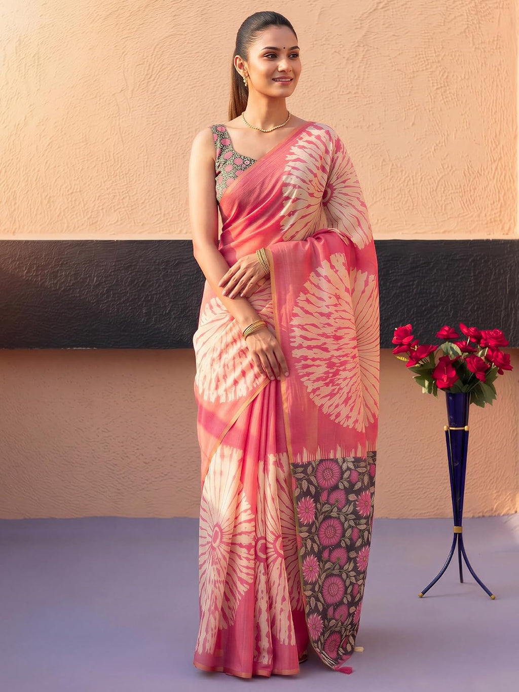 Pink Cotton Blend Shibori Saree