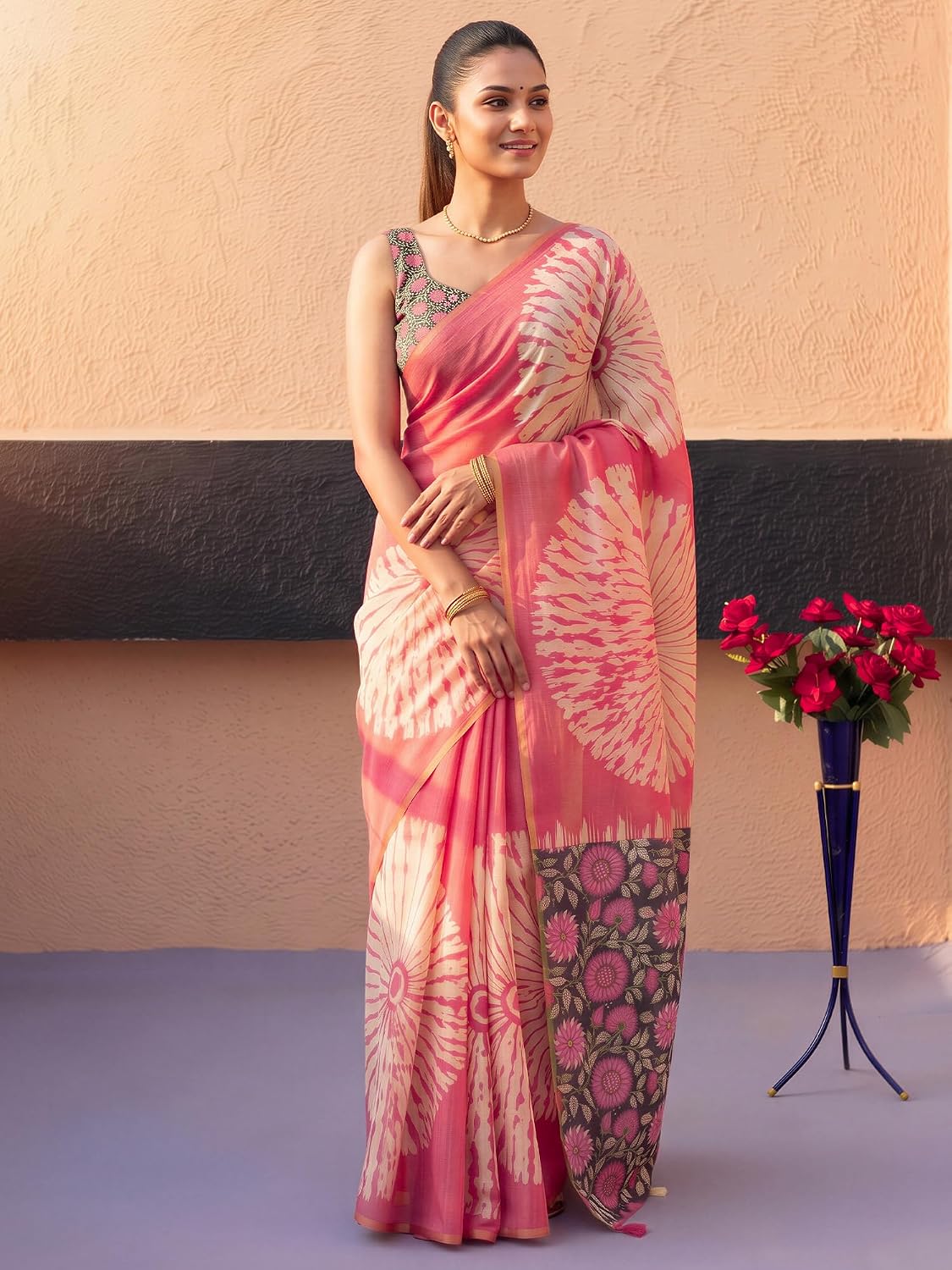 Pink Cotton Blend Shibori Saree