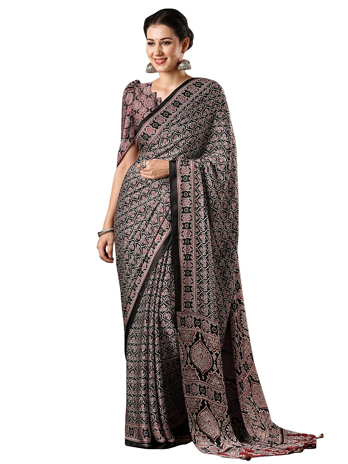 Red Cotton Blend Animal Print Saree - Black