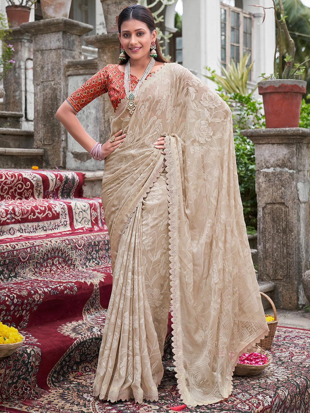 Cream Chiffon Embellished Saree