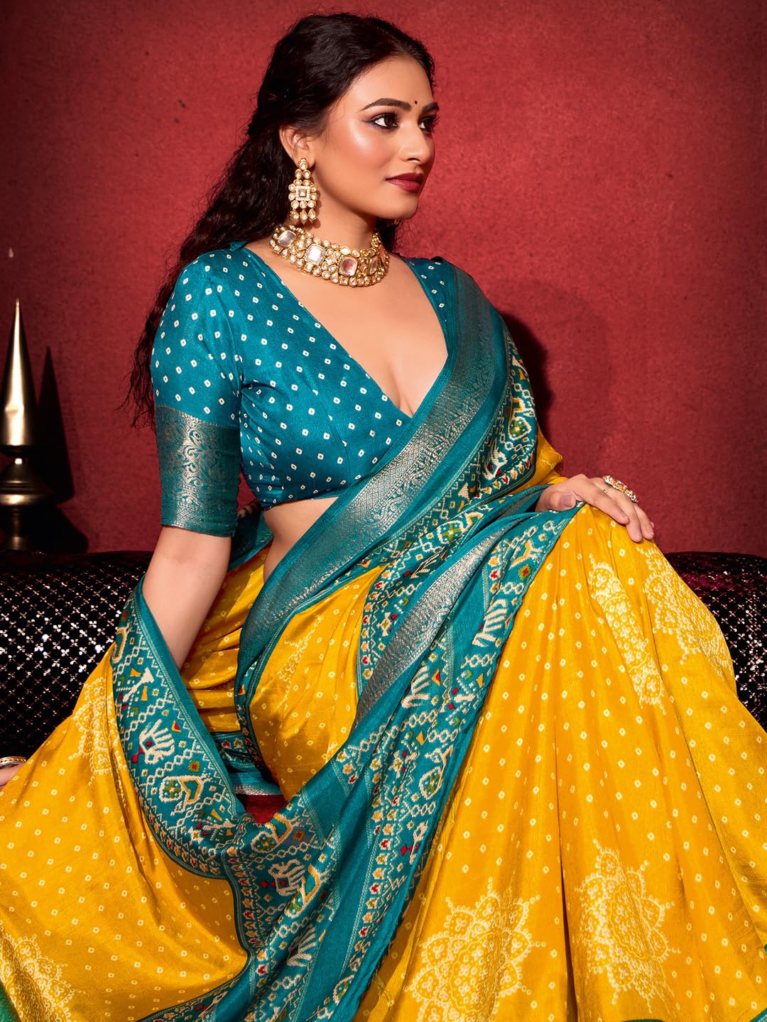 Yellow Silk Blend Polka Dots Saree
