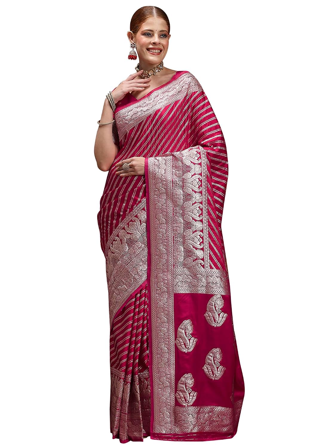 Pink Satin Floral Saree - Magenta