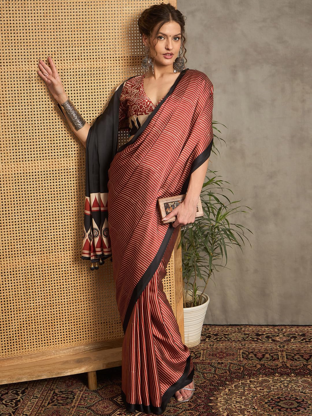Maroon Crepe Striped Saree