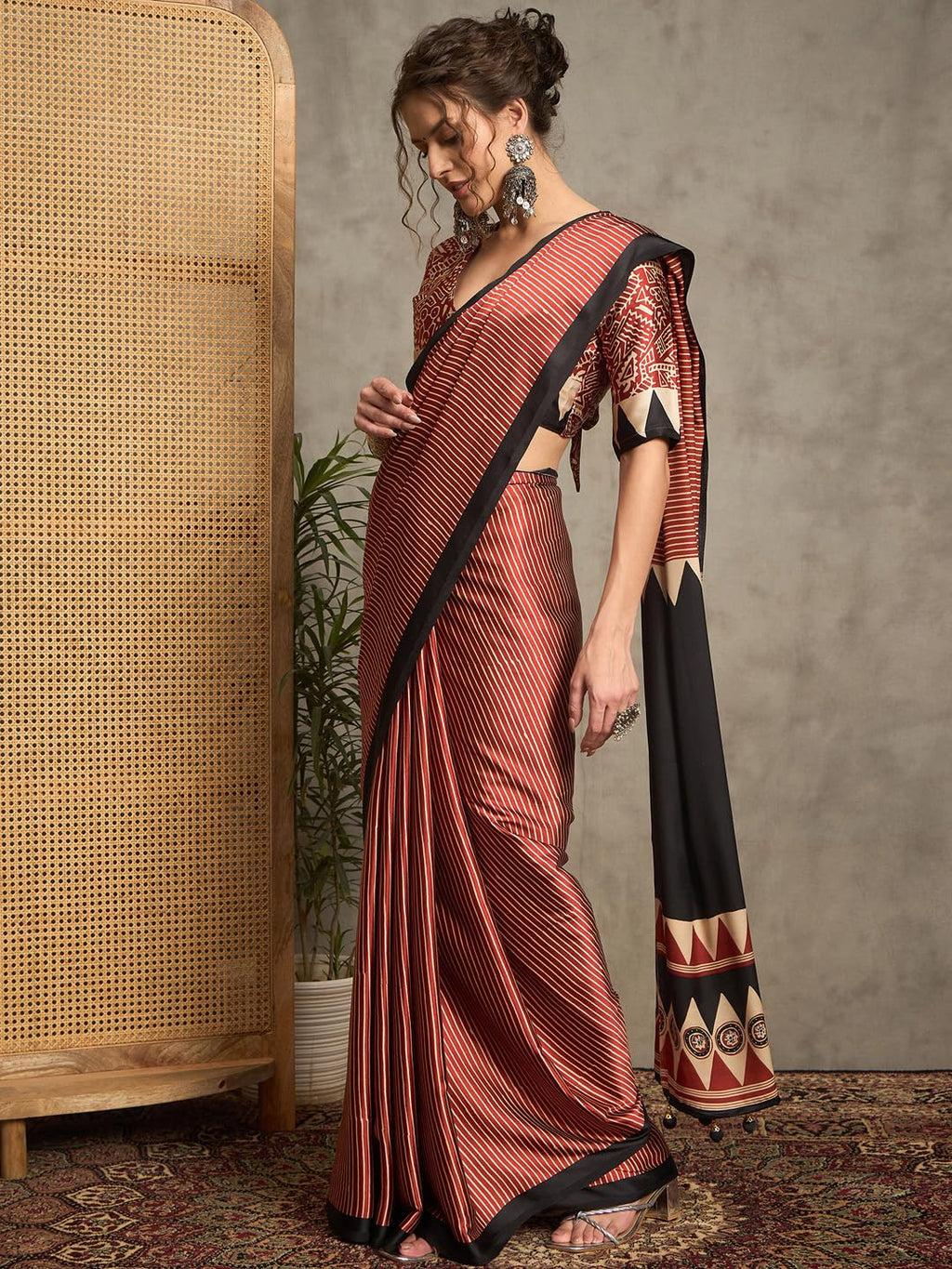 Maroon Crepe Striped Saree