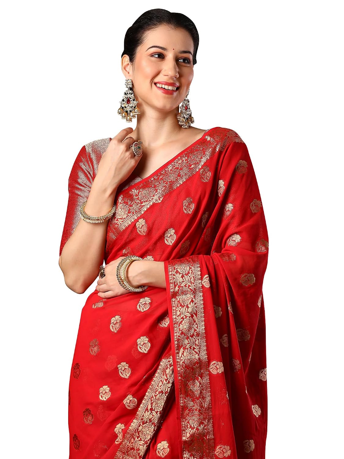 Red Georgette Ethnic Motif Saree