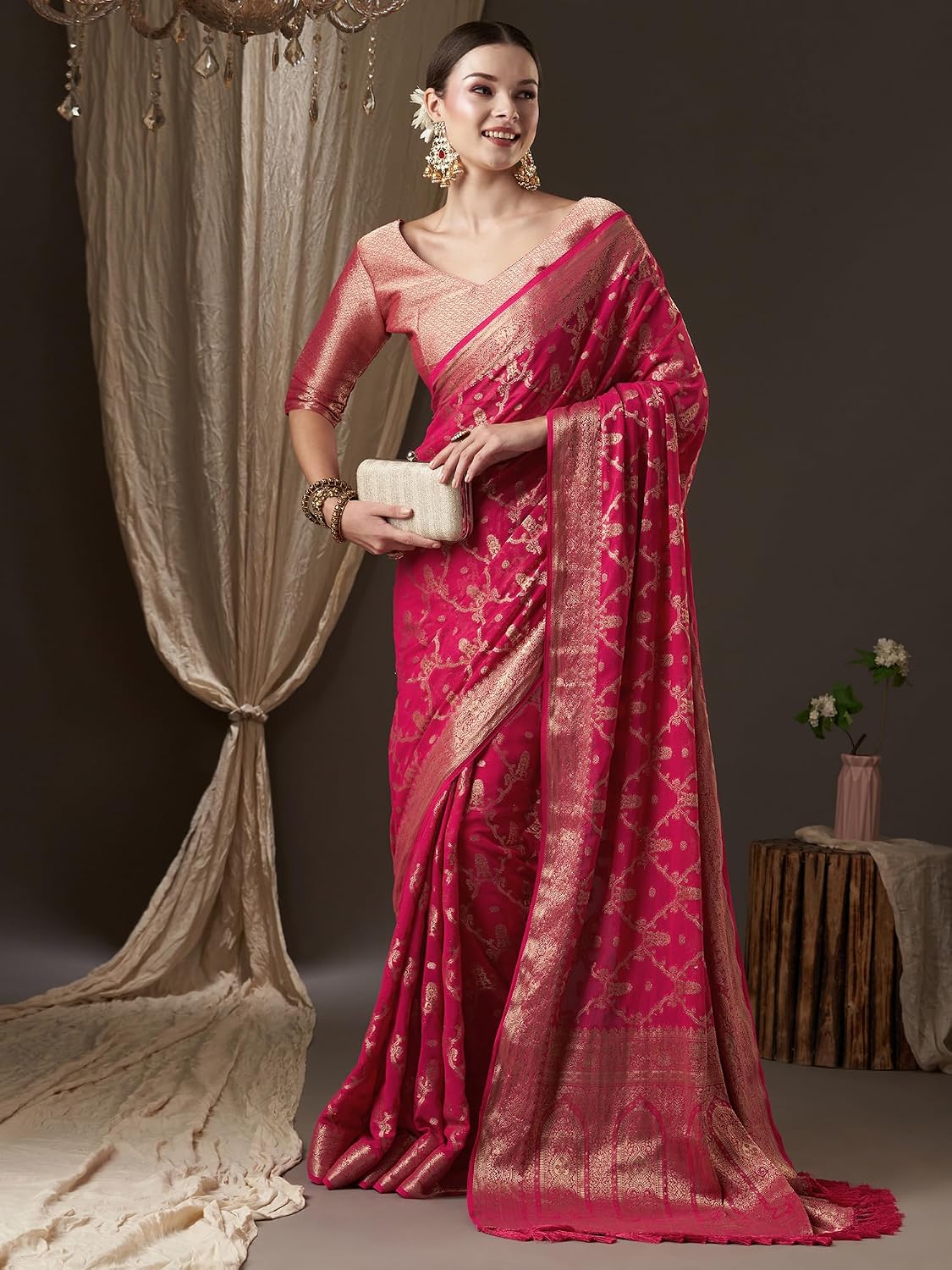 Pink Georgette Woven Design Saree