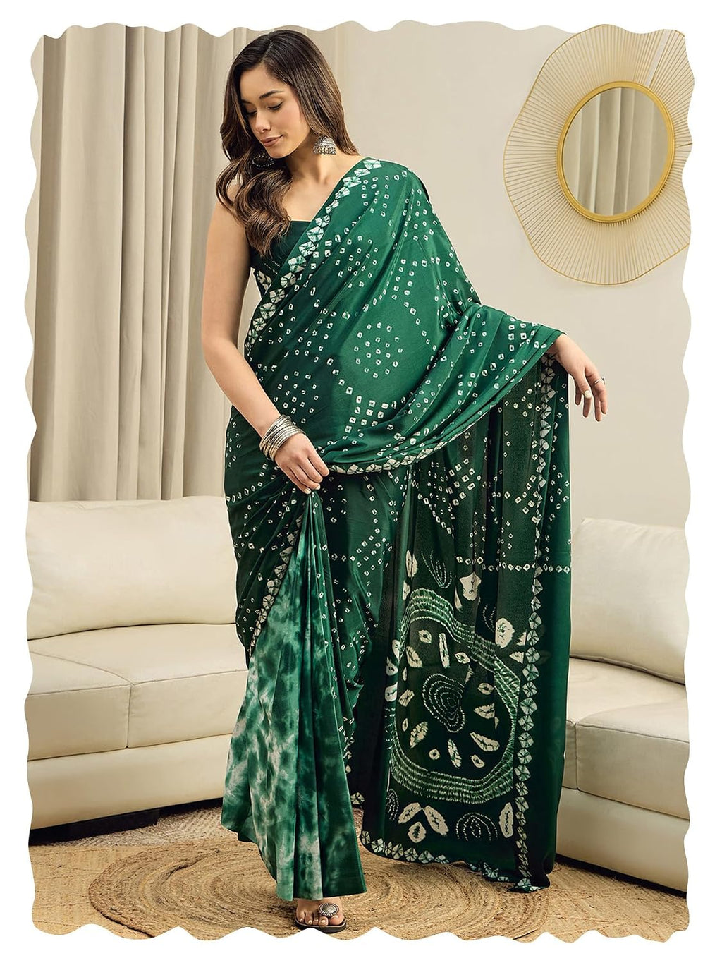 Green Crepe Polka Dots Saree