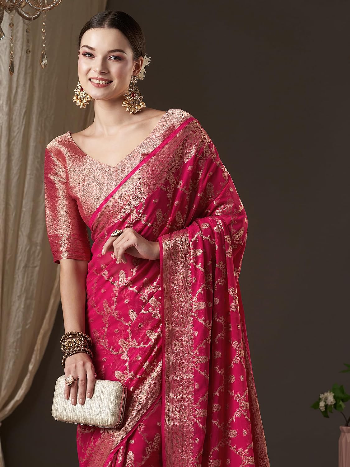 Pink Georgette Woven Design Saree