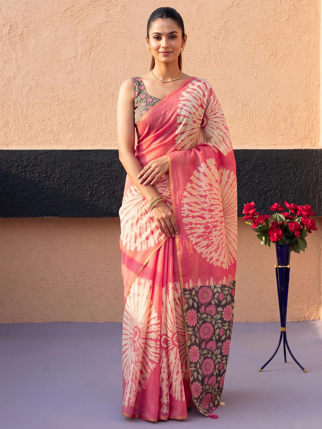 Pink Cotton Blend Shibori Saree