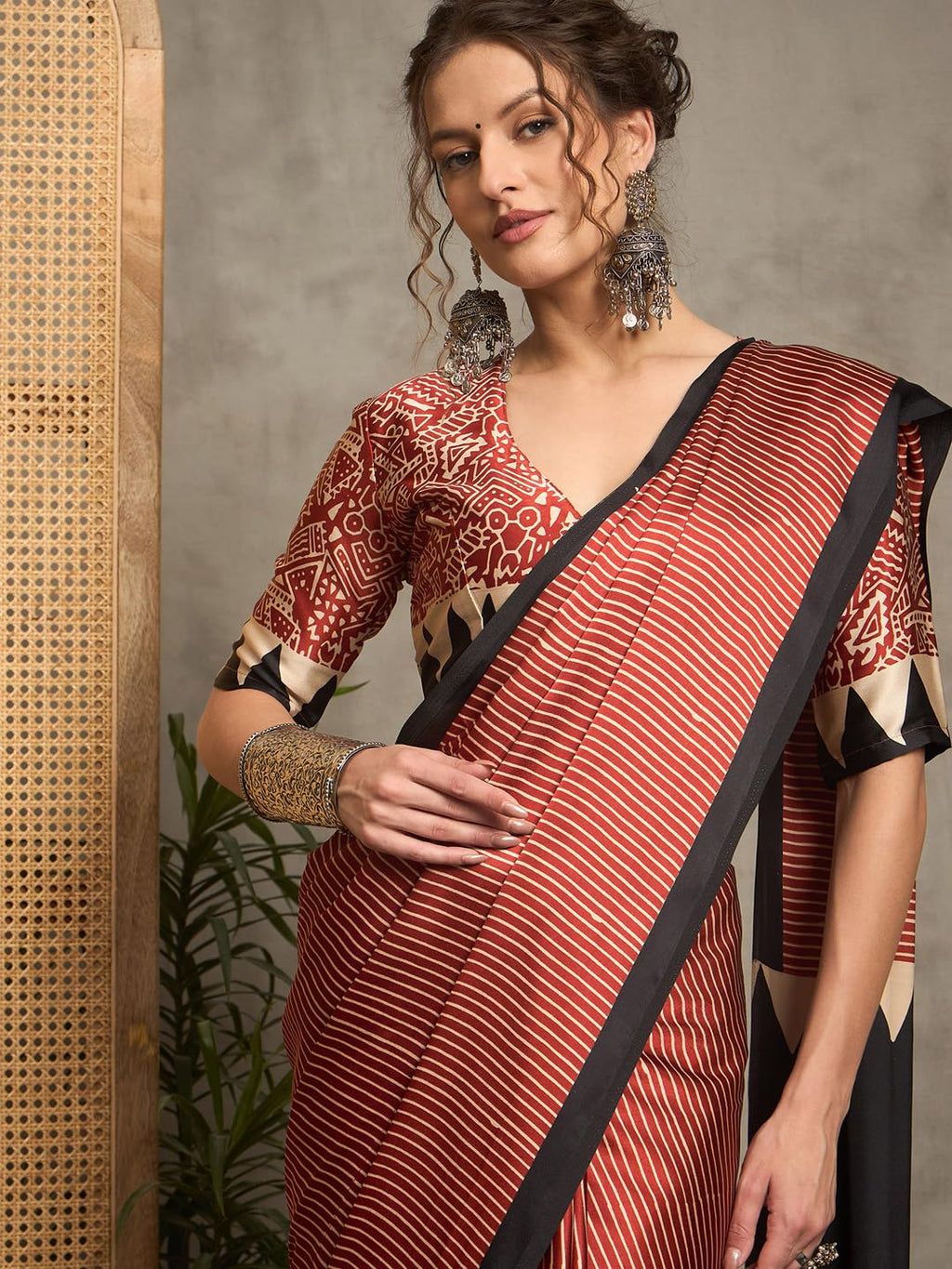 Maroon Crepe Striped Saree
