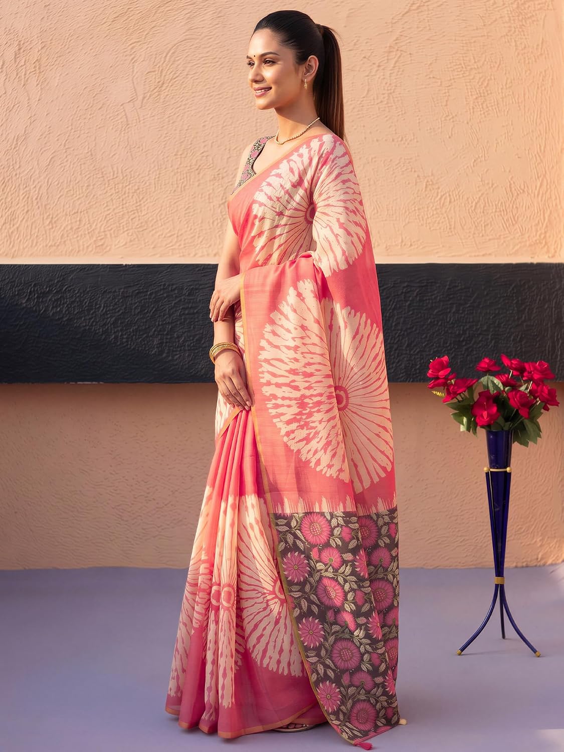 Pink Cotton Blend Shibori Saree