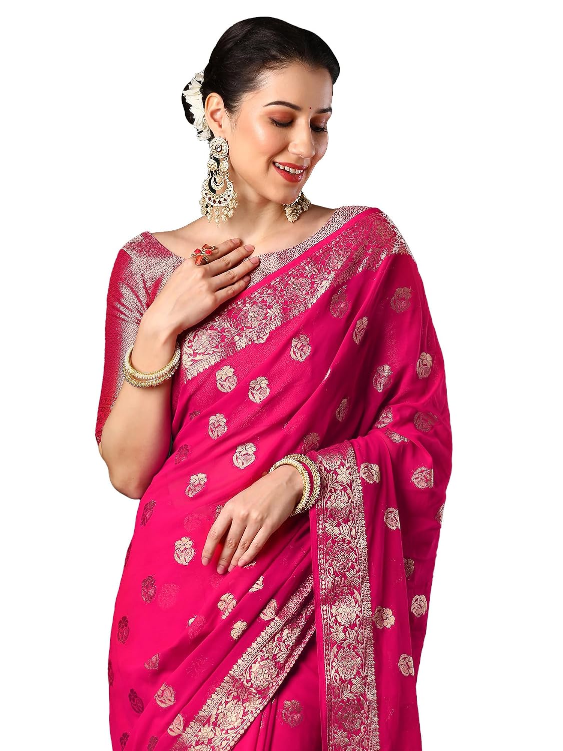 Red Georgette Ethnic Motif Saree - Pink
