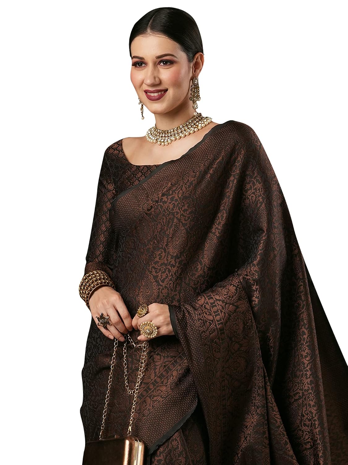 Maroon Banarasi Silk Ethnic Motif Saree - Black
