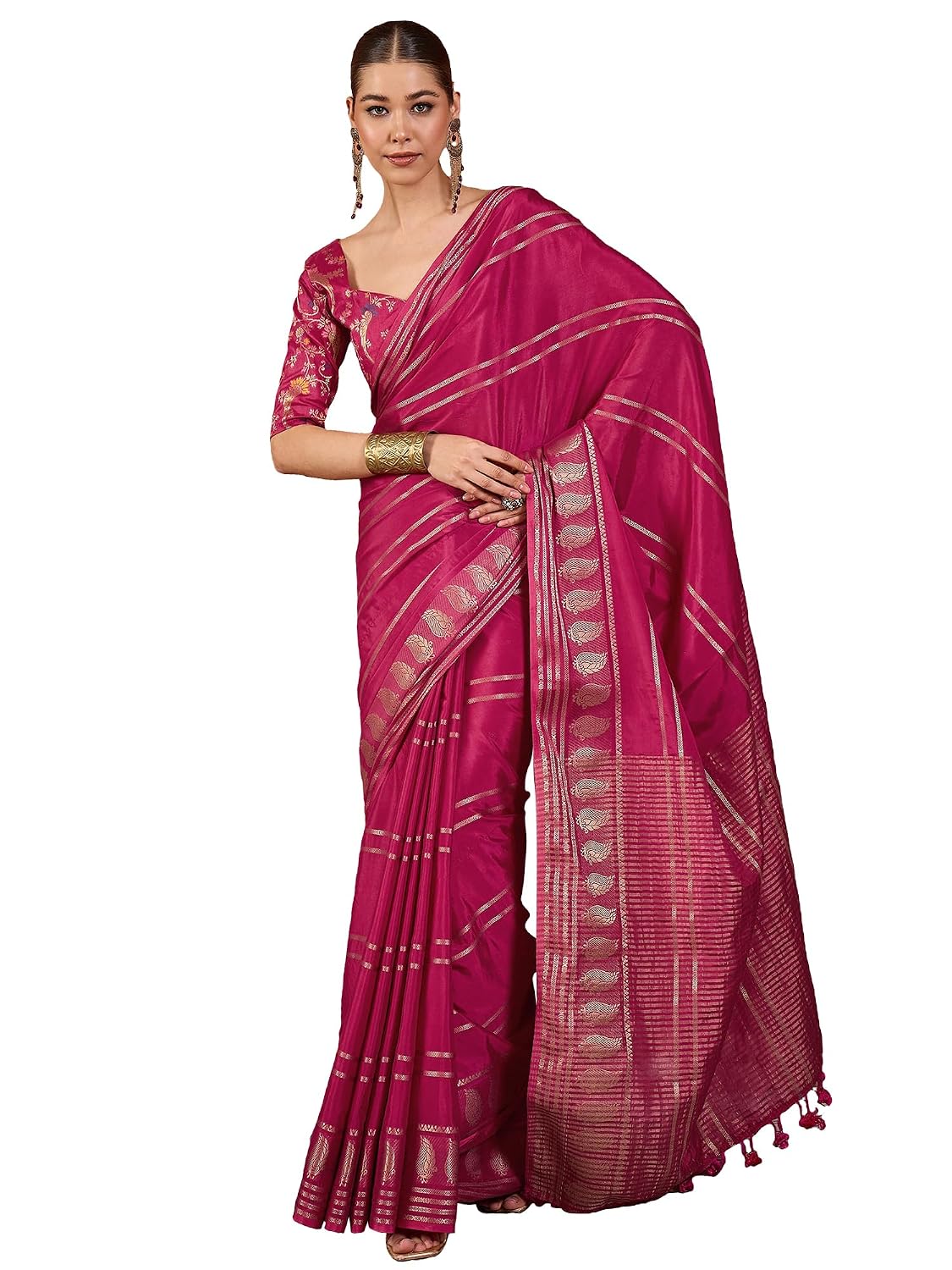 Maroon Cotton Paisley Saree - Pink 2