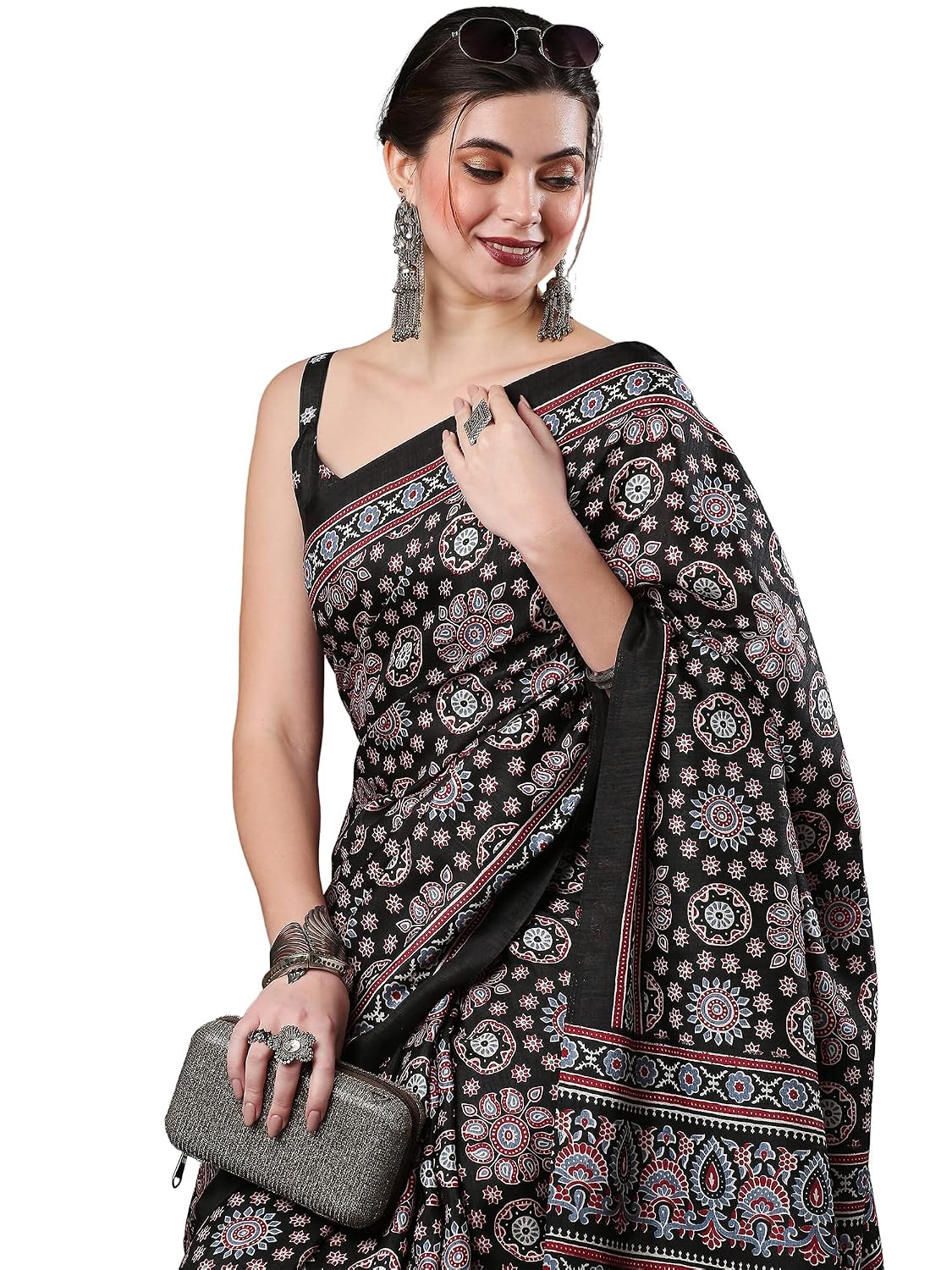 Red Bhagalpuri Silk Ethnic Motif Saree - Black 6