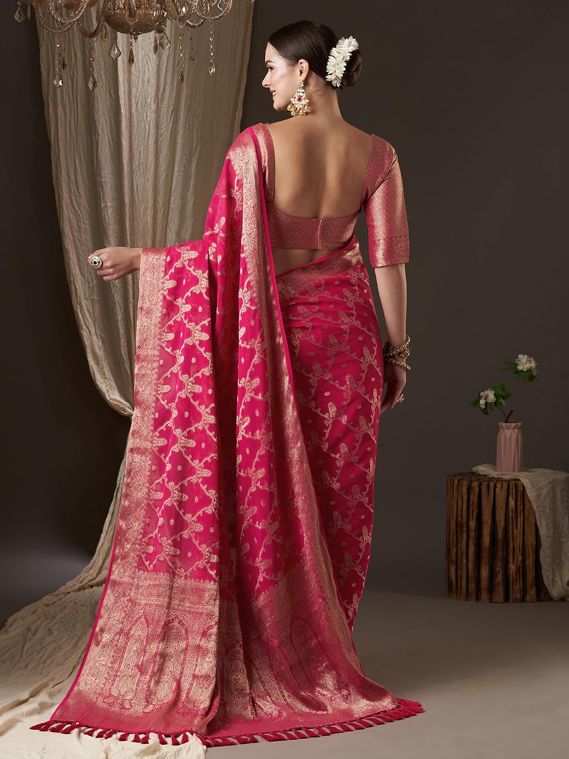 Pink Georgette Woven Design Saree