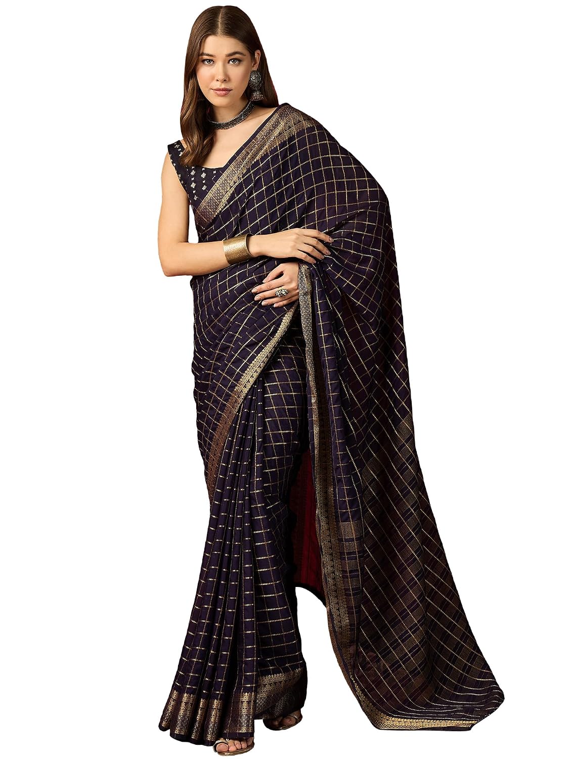 Maroon Cotton Paisley Saree - Navy Blue