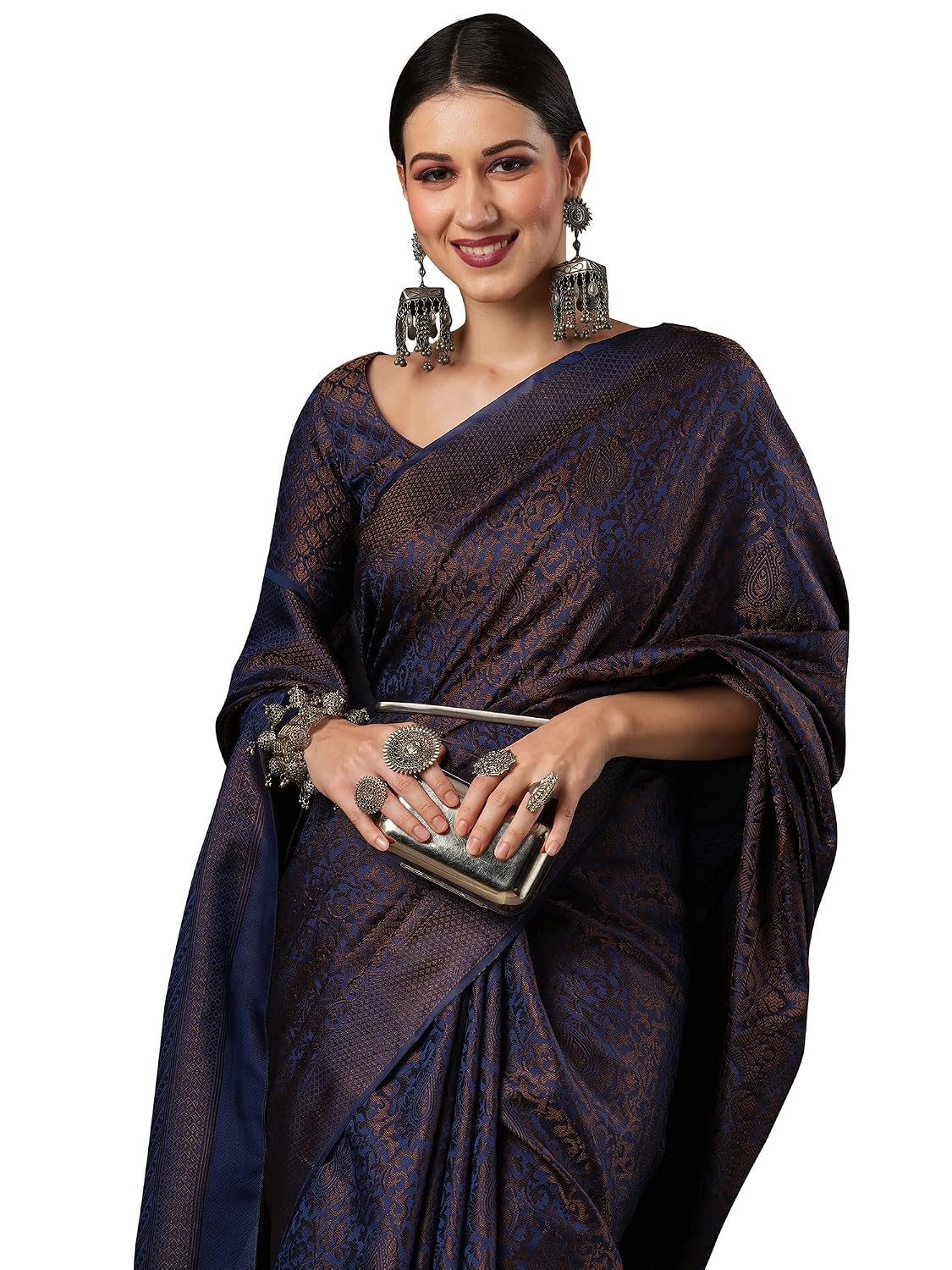 Maroon Banarasi Silk Ethnic Motif Saree - Navy Blue
