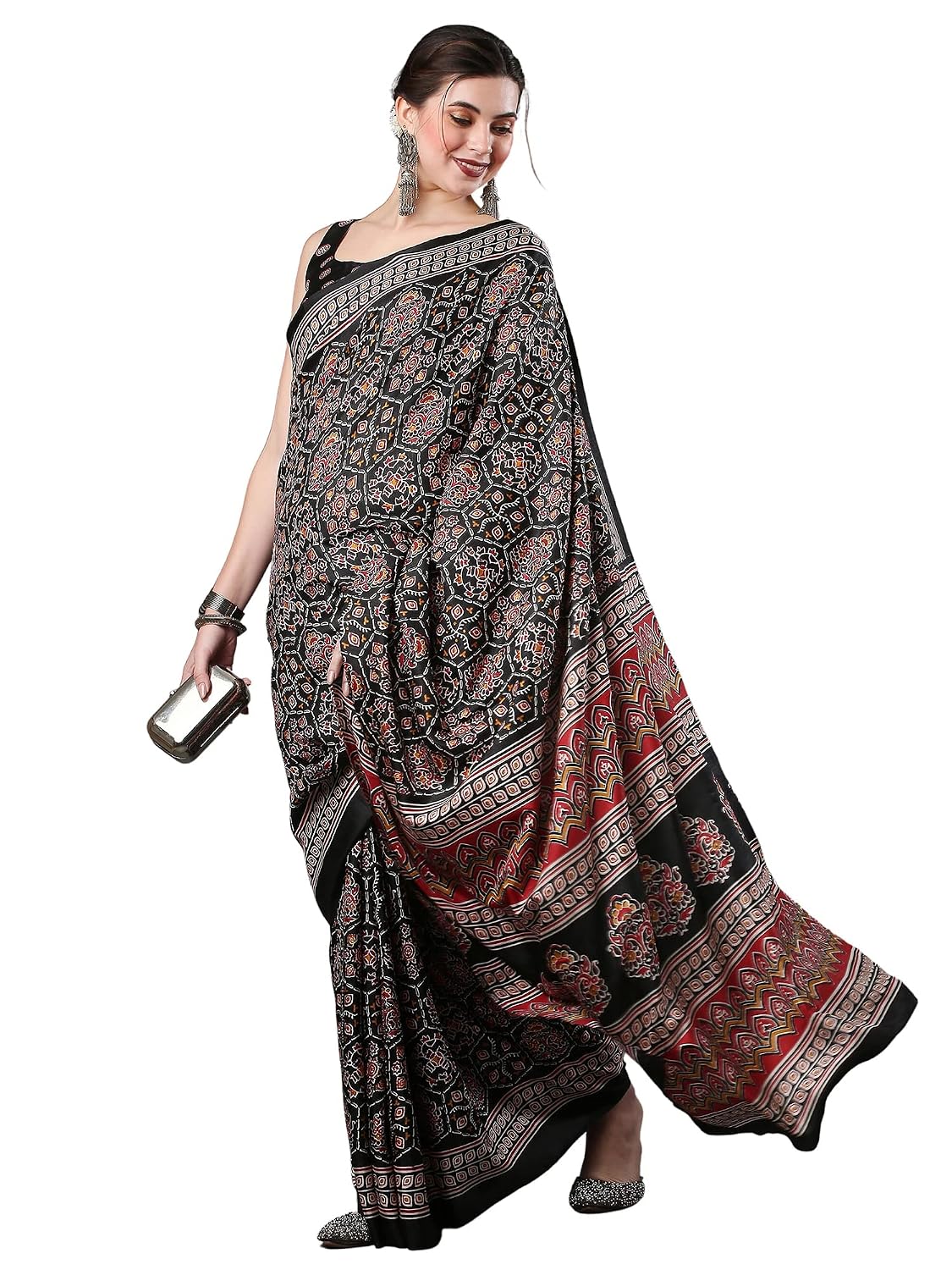 Red Bhagalpuri Silk Ethnic Motif Saree - Black 5