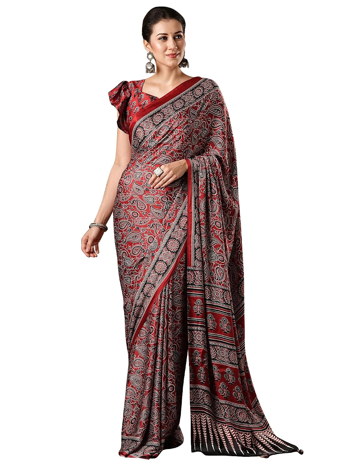 Red Cotton Blend Animal Print Saree - Maroon