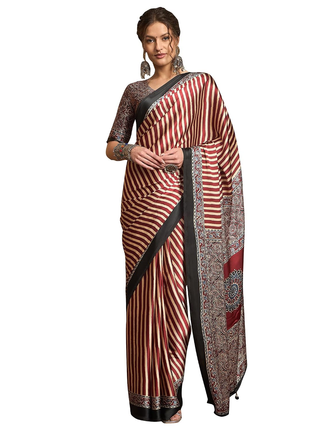 Maroon Crepe Striped Saree - Maroon 2