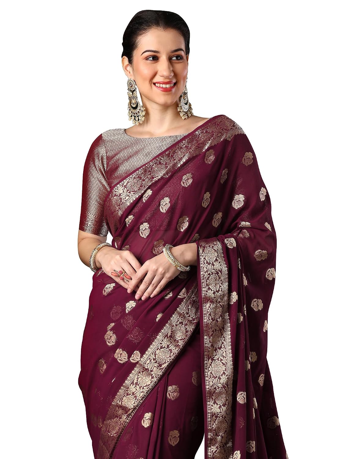 Red Georgette Ethnic Motif Saree - Magenta